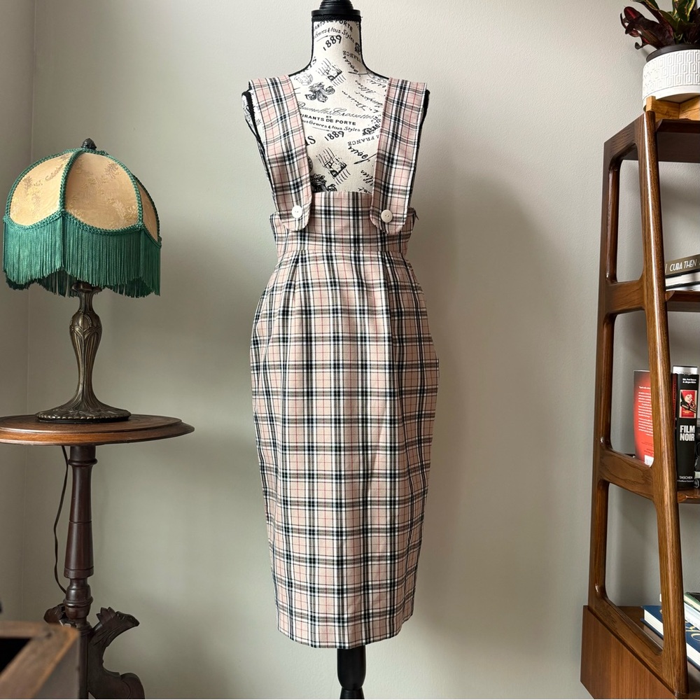 Tan Plaid Suspender Pencil Skirt by Vivien of Holloway, XS to Small